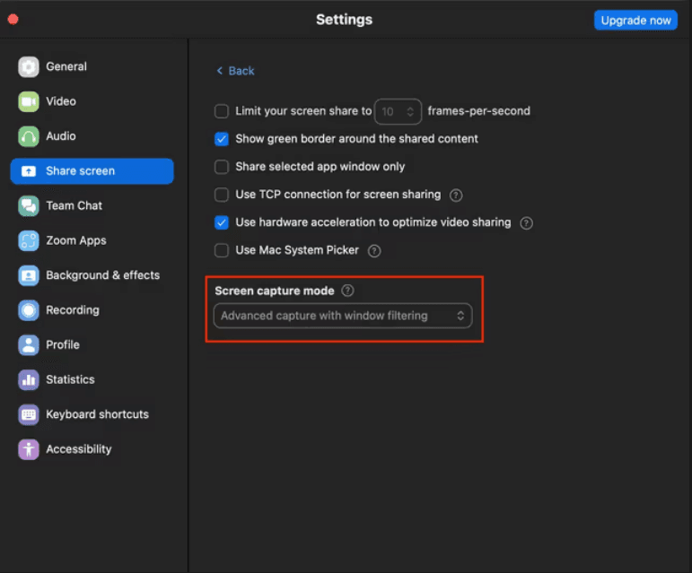 Zoom Advanced Capture Settings